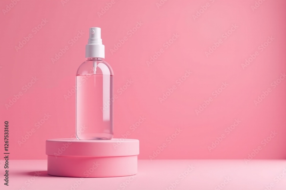 A Clear Spray Bottle on a Pink Pedestal Against a Pink Background A Clear Spray Bottle on a Pink Pedestal Against a Pink Background