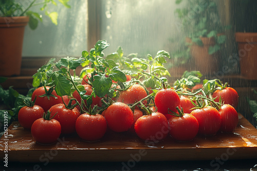 Freshly Sprinkled Tomatoes on Wooden Board under Gentle Indoor Rain