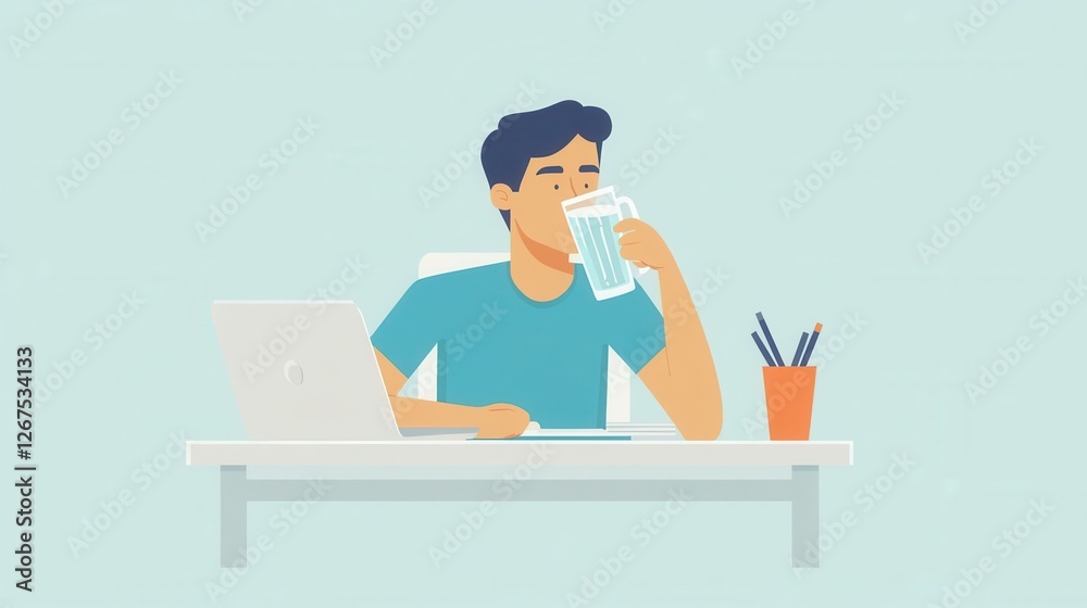 Man Enjoying Drink at Desk with Laptop and Supplies Man Enjoying Drink at Desk with Laptop and Supplies
