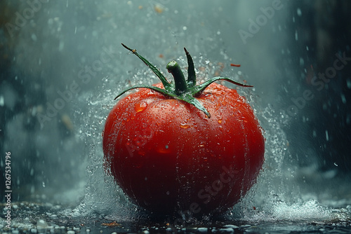 Red Tomato Bathing in Refreshing Water Shower Cinematic Close-up