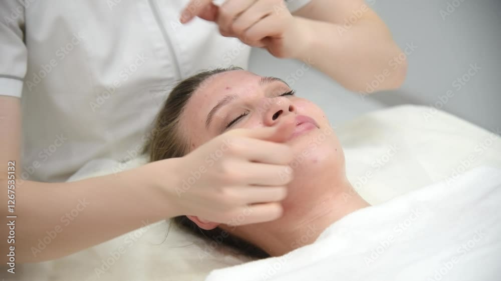 face massage, young attractive caucasian woman, beautiful relaxed lady with problem skin and red inflammations, white towel, spa therapist doing facial massage in beauty salon, skincare concept face massage, young attractive caucasian woman, beautiful relaxed lady with problem skin and red inflammations, white towel, spa therapist doing facial massage in beauty salon, skincare concept