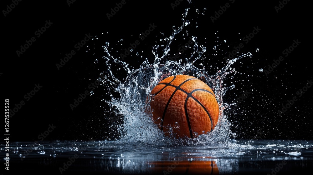Dynamic Splash of a Basketball Rising from Water Surface Creating Ripples and Droplets in Dark Background for Sports and Action Themes