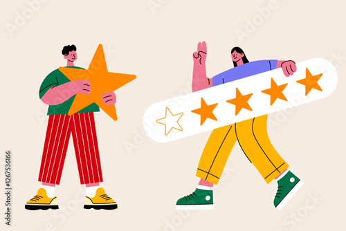 Vector illustration featuring two happy characters holding star ratings. Ideal for customer reviews, user feedback, testimonials, online ratings, websites, apps, and marketing materials.