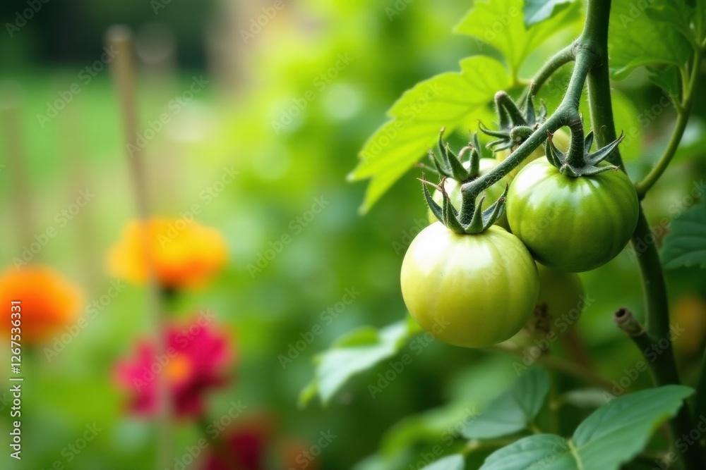 Unripe Tomatoes Growing on a Vine in a Lush Garden with Blurred Flowers in the Background Unripe Tomatoes Growing on a Vine in a Lush Garden with Blurred Flowers in the Background