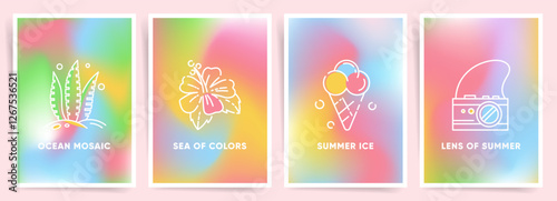 Abstract ocean pastel posters. Soft gradient backgrounds with simple line art summer illustrations for creative design.
