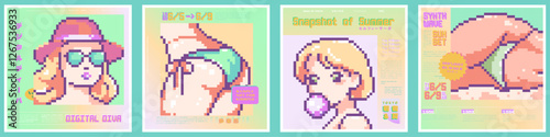 Y2K pixel art poster collection. Pastel digital summer aesthetics with nostalgic pixelated illustrations for unique visual design. Beach themes, young beautiful woman, sunlight and cute colors.