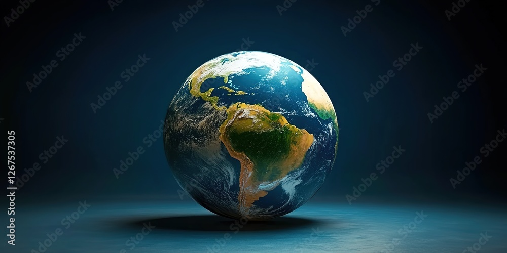  3D rendering of the Earth as an egg, showing the continents and oceans on its surface. The background is a dark blue with soft lighting highlighting the Earth's shape.