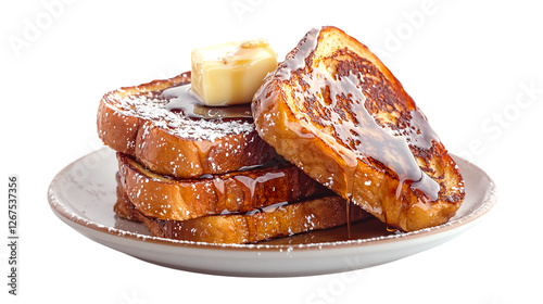 Homemade french toast stack with golden brown slices of crispy, fluffy bread, drizzled with maple syrup and butter, isolated on a transparent background for breakfast, brunch, and bakery lovers.