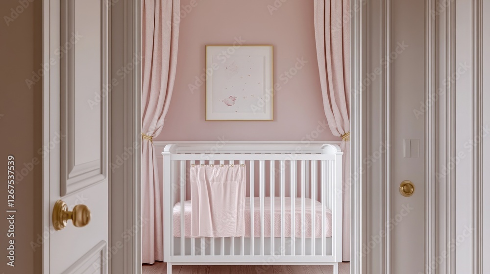 View through half open door on a white, minimalist crib in a pastel pink and gold nursery interior for a baby girl View through half open door on a white, minimalist crib in a pastel pink and gold nursery interior for a baby girl