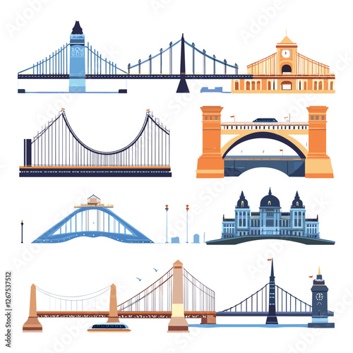 Different bridges flat vector illustrations on white background
