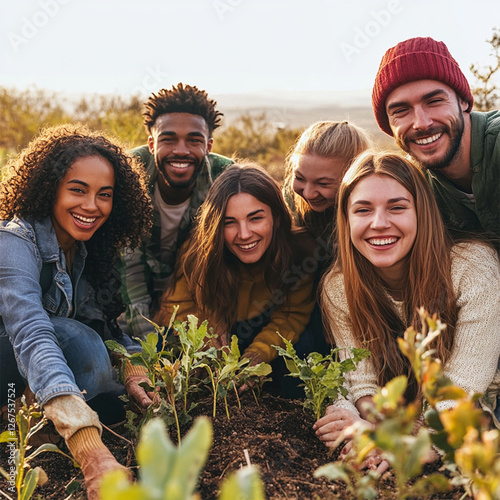 group of friends planting seedlings at a garden smiling into the camera. Advertisement 