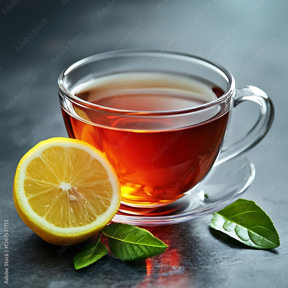 Tea Glass With Lemon on a Tablecloth Tea Glass With Lemon on a Tablecloth