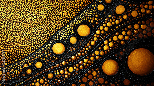 Vibrant patterns of golden dots swirling against a dark canvas in an artistic display