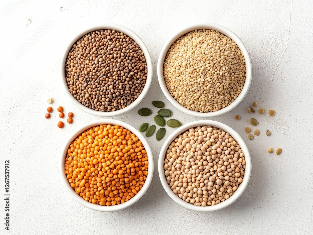 A colorful display of various seeds and lentils in bowls, showcasing diverse textures and colors, ideal for health-conscious cooking. A colorful display of various seeds and lentils in bowls, showcasing diverse textures and colors, ideal for health-conscious cooking.