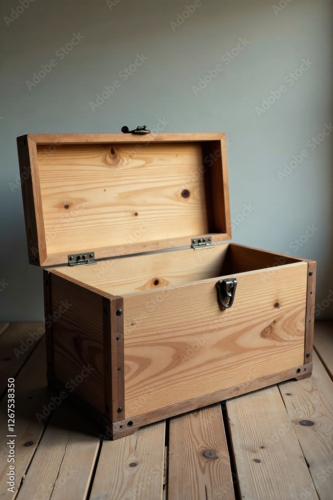 A rustic, light-colored wooden chest with a hinged lid and dark metal accents rests open on a light wood surface, ready to hold treasured memories or carefully guarded secrets.