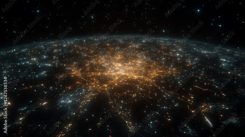Fototapeta premium City Lights View from Space Illumination of Urban Networks and Infrastructure at Night Earth