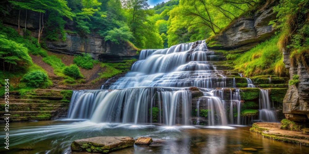 Fototapeta premium Rule of thirds composition captures Havana Glen's breathtaking Montour Falls waterfall; stunning nature photography.