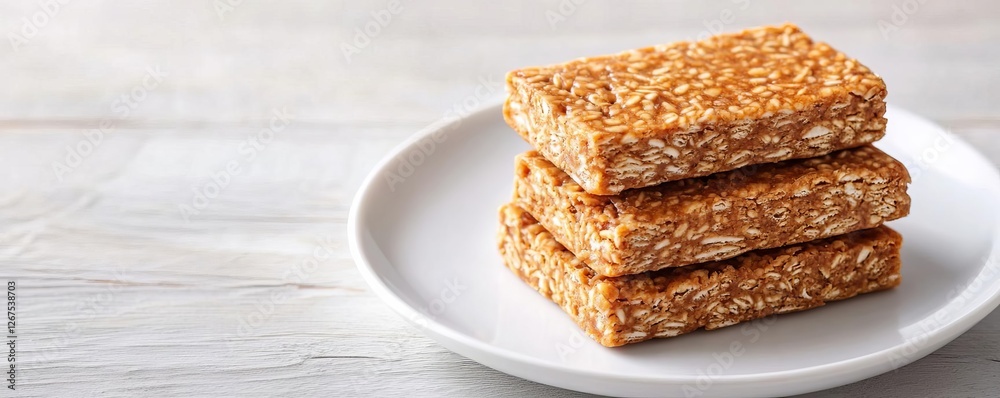Protein bars stacked on a white plate, high-energy fitness snack Protein bars stacked on a white plate, high-energy fitness snack