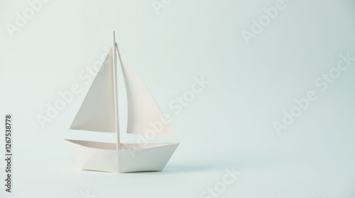 A miniature sailboat crafted from white paper, elegantly poised on a light blue backdrop, symbolizes hope and the pursuit of dreams.