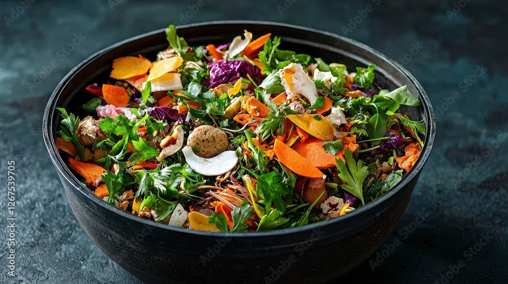A vibrant salad bowl filled with fresh vegetables, nuts, and herbs, showcasing an array of colors and textures for a healthy meal option. A vibrant salad bowl filled with fresh vegetables, nuts, and herbs, showcasing an array of colors and textures for a healthy meal option.