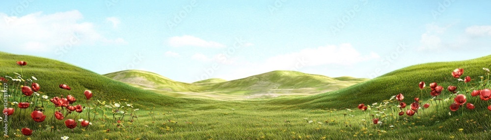 Rolling hills, wildflowers, sunny day, idyllic landscape, nature background, peaceful scene Rolling hills, wildflowers, sunny day, idyllic landscape, nature background, peaceful scene
