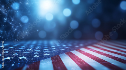 Futuristic holographic American flag waving with glowing particles, vibrant colors, and dynamic light effects. Concept of patriotism, technology, and digital innovation.