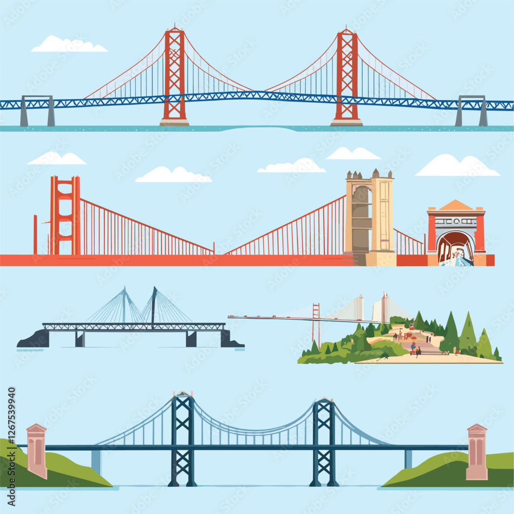 Obraz premium Different bridges flat vector illustrations on white background