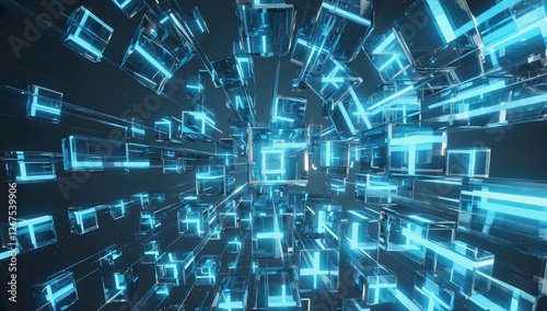 Wallpaper Mural Digital Abstract: A mesmerizing abstract background with a chaotic arrangement of glowing blue squares and rectangular shapes, creating a futuristic and dynamic visual experience. Torontodigital.ca