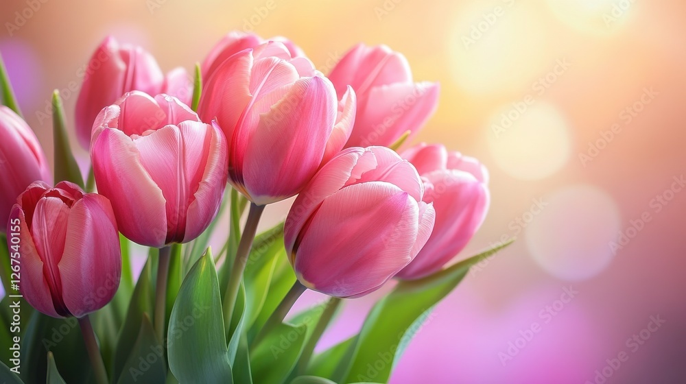Fototapeta premium Pink tulips bouquet on blurry background, spring flowers for international womens day 8 march as gift, violet purple bunch romantic present from floral shop made by florist, close up view copy space