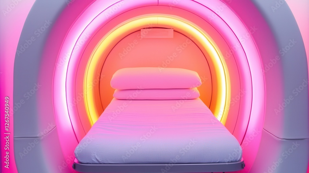 Obraz premium A colorful MRI scanner with a pink illuminated bed in a modern medical facility, showcasing a high-tech healthcare environment.