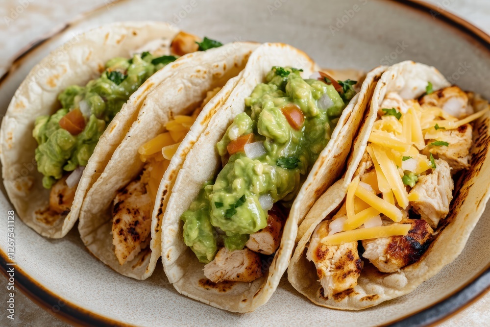 Tacos filled with chicken, cheese, and guacamole served on a plate Tacos filled with chicken, cheese, and guacamole served on a plate