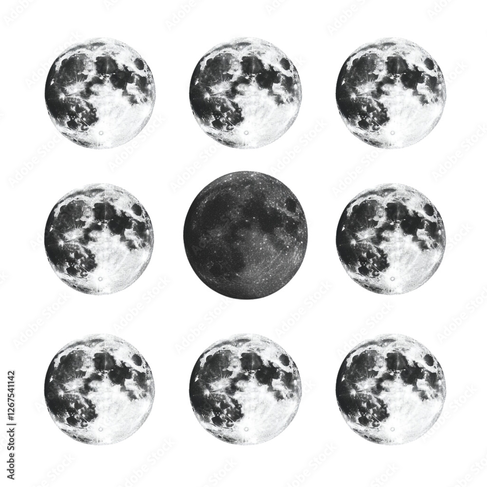 Obraz premium Nine Moons Celestial Collage Dark and Light Phases Mystical Space