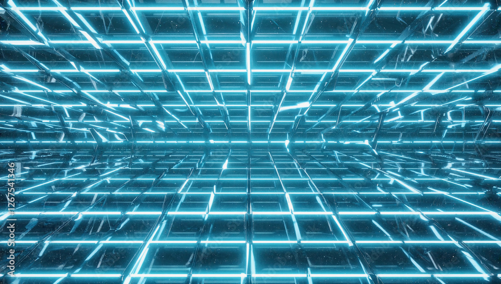 Obraz premium Neon Grid: A mesmerizing abstract backdrop of luminous blue neon lines creating a dynamic grid pattern, evoking a sense of futuristic technology and digital space. 