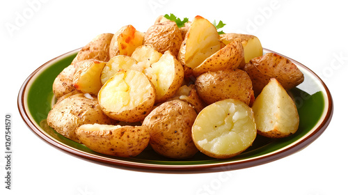 A plate of crispy fried potatoes served with a green plate isolated on a transparent background, perfect for showcasing fast food, unhealthy snacks, or comfort food in food photo.