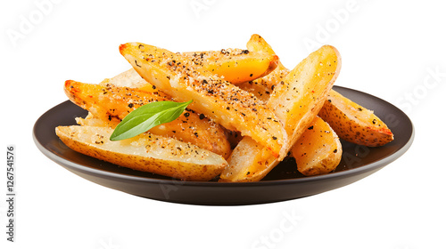 A plate of crispy fried potatoes served with a green plate isolated on a transparent background, perfect for showcasing fast food, unhealthy snacks, or comfort food in food photo.