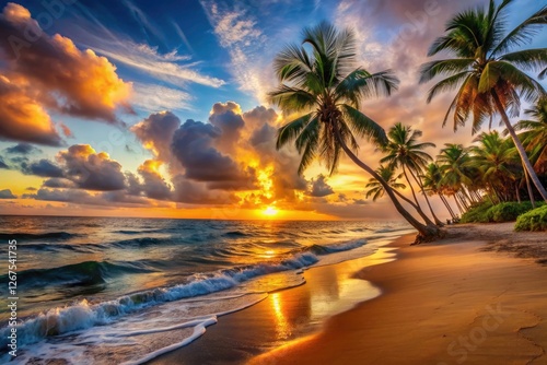 Serene sunset paints a golden beach, palm trees silhouette against the calming waves.