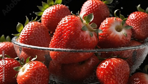 Close up of strawberries in a glass bowl againist black background.Food photography.

 photo