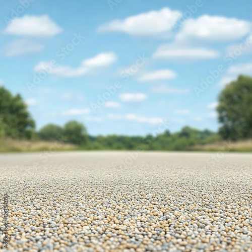 Pebble surface leading to a blurred green landscape under a bright blue, cloudy sky.