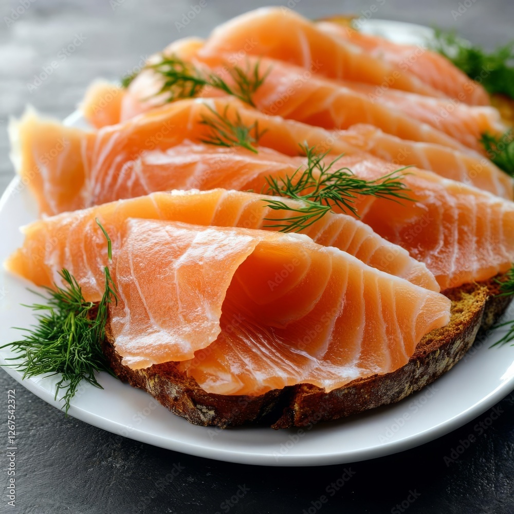 Sliced smoked salmon on rye bread with dill, omega-3 protein dish Sliced smoked salmon on rye bread with dill, omega-3 protein dish