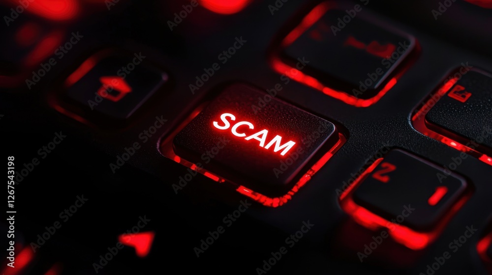 Close-Up of a Computer Keyboard Key Highlighting the Word 'SCAM' Illuminated in Red, Representing Cyber Security and Online Fraud Awareness Close-Up of a Computer Keyboard Key Highlighting the Word 'SCAM' Illuminated in Red, Representing Cyber Security and Online Fraud Awareness