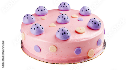An elegant pink and purple cake designed for a girl's birthday celebration, showcasing intricate fondant decorations and delicate floral accents isolated on a transparent background.