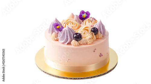 An elegant pink and purple cake designed for a girl's birthday celebration, showcasing intricate fondant decorations and delicate floral accents isolated on a transparent background.