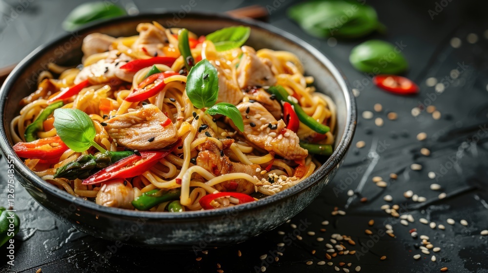 Stir-fried noodles with chicken, asparagus, pepper, sesame seeds, and soy sauce on dark concrete background Stir-fried noodles with chicken, asparagus, pepper, sesame seeds, and soy sauce on dark concrete background