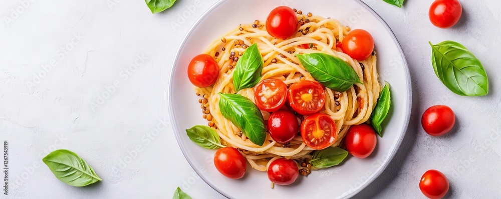 Spaghetti made from lentil flour with basil and cherry tomatoes, high-protein dish Spaghetti made from lentil flour with basil and cherry tomatoes, high-protein dish