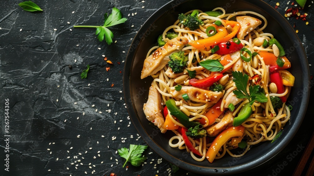 Stir-fried noodles with chicken, asparagus, pepper, sesame seeds, and soy sauce on dark concrete background Stir-fried noodles with chicken, asparagus, pepper, sesame seeds, and soy sauce on dark concrete background
