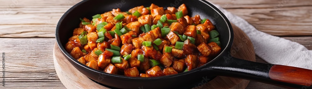 Tempeh stir-fried with soy sauce and green onions, Indonesian protein-rich food Tempeh stir-fried with soy sauce and green onions, Indonesian protein-rich food