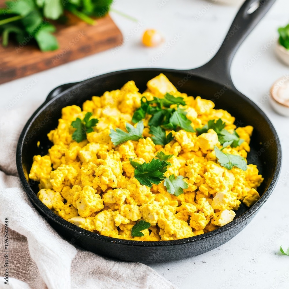 Tofu-based scrambled eggs in a cast-iron pan, vegan high-protein breakfast Tofu-based scrambled eggs in a cast-iron pan, vegan high-protein breakfast