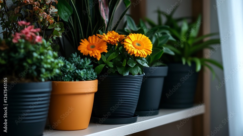 A diverse collection of lush potted plants with radiant blossoms displayed indoors A diverse collection of lush potted plants with radiant blossoms displayed indoors