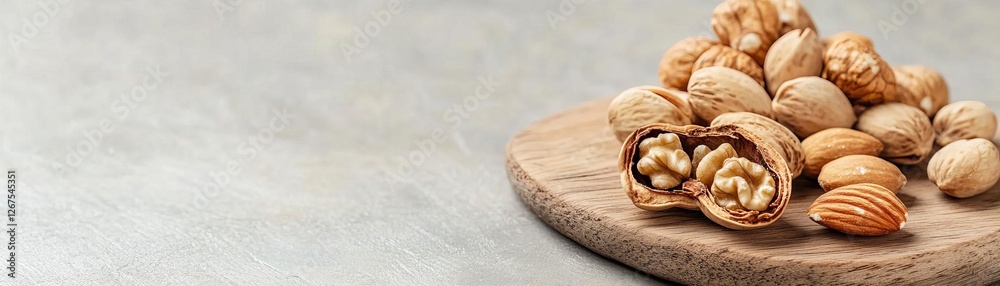 Walnuts cracked open on a wooden board, plant-based protein snack Walnuts cracked open on a wooden board, plant-based protein snack