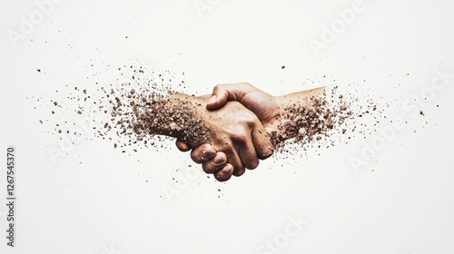 Two hands shake, dissolving into particles, symbolizing connection, agreement, and the transient nature of interactions.